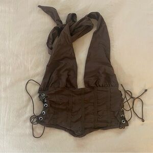 SHEIN Brown Lace-Up Detail Top